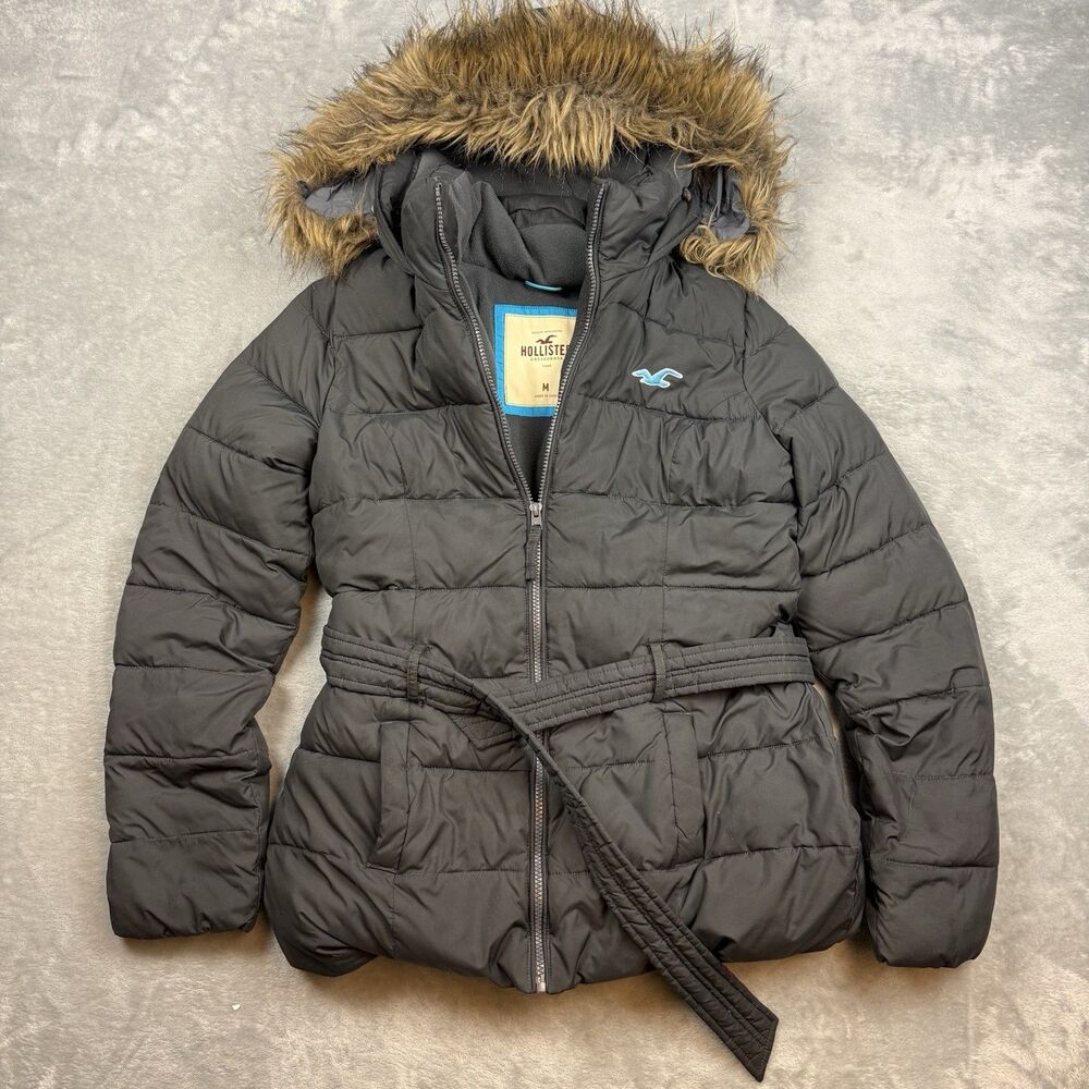 Hollister Women’s Medium Black Puffer Jacket Faux Fur Hood Belted Winter Y2K